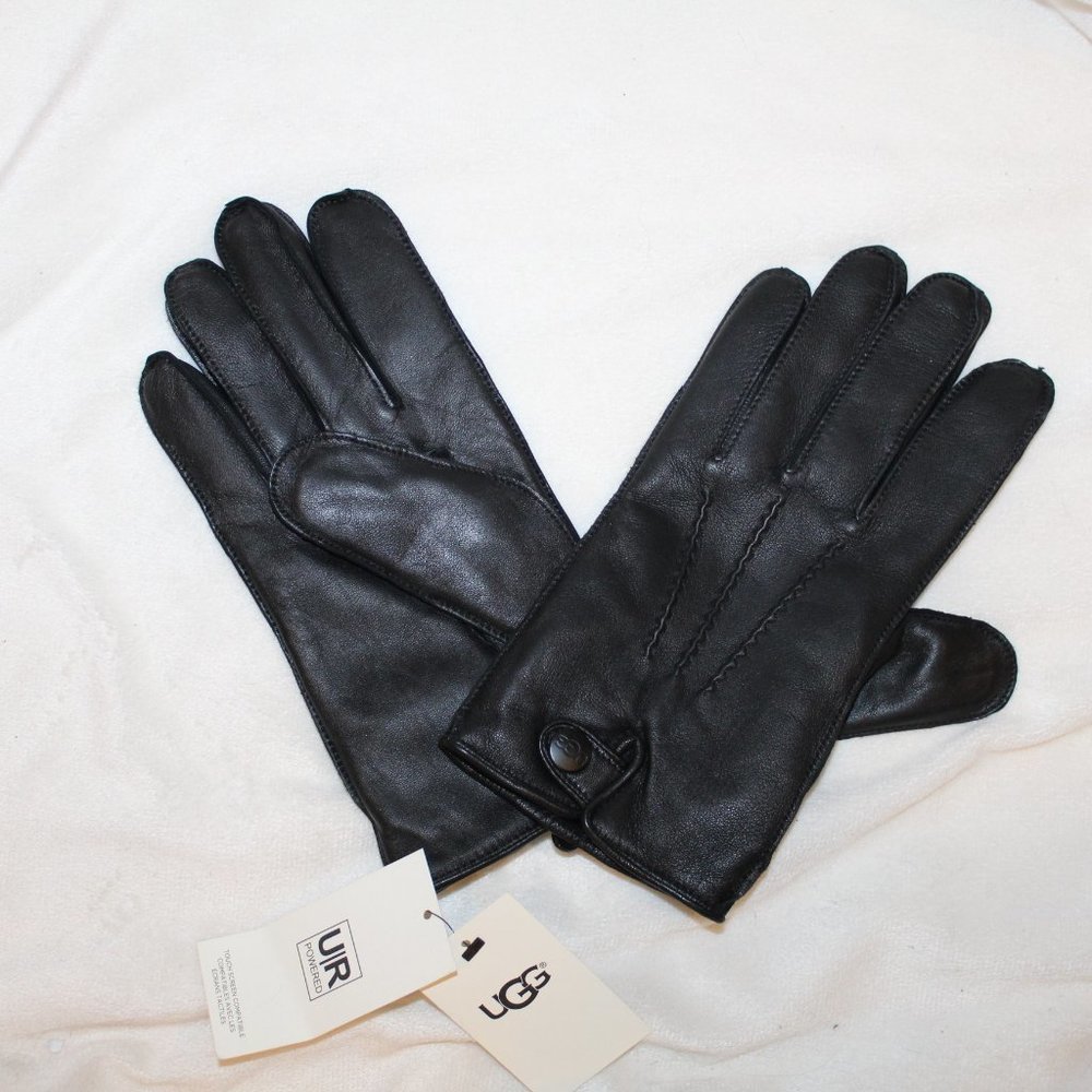 NWT UGG MEN'S LEATHER 3 POINT SNAP TECH ENABLE TOUCH SCREEN GLOVES BLACK‎